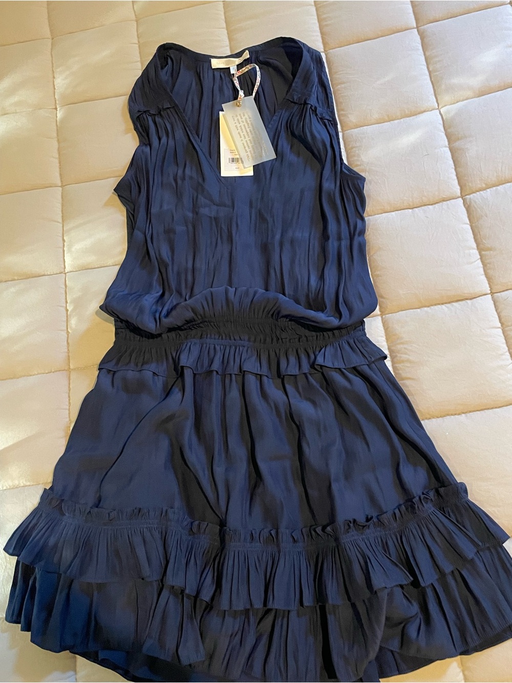LoveShackFancy Elania Navy Ruffled Sleeveless Dress
